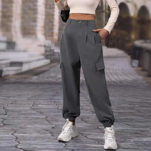 casual Flap detail button elastic Hem carrot Pants Gray - Picture 1 of 6